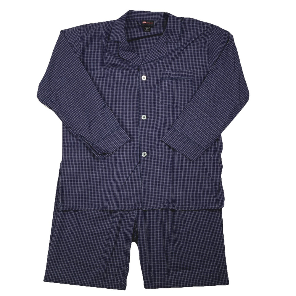 Hanes Men’s Pajama Set Large Blue Check Button Front Sleepwear Cotton Blend